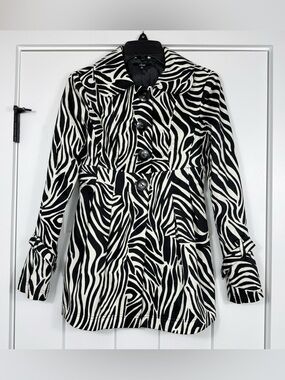 Sele Zebra Print Button Up Flared 3/4 Sleeves Medium Length Trench Coat Small